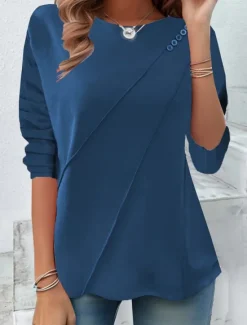 Best Women's T shirt Long Sleeve Solid Color Stylish Casual Long Sleeve Crew Neck Regular Tops Daily Buttons Black Yellow Red Blue Spring Prefall Women T-Shirts