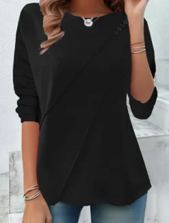 Best Women's T shirt Long Sleeve Solid Color Stylish Casual Long Sleeve Crew Neck Regular Tops Daily Buttons Black Yellow Red Blue Spring Prefall Women T-Shirts