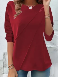 Best Women's T shirt Long Sleeve Solid Color Stylish Casual Long Sleeve Crew Neck Regular Tops Daily Buttons Black Yellow Red Blue Spring Prefall Women T-Shirts