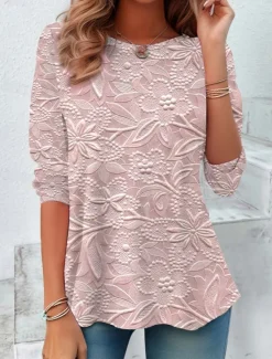 Outlet Women's T shirt Long Sleeve Top 3D Print Floral Casual Regular Tops Daily Print Silver Pink Sky Blue Khaki Spring Fall Prefall Women Boho Tops