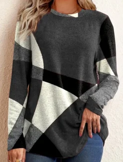 Online Women's T shirt Long Sleeve Crew Neck Long Sleeve Tunic Argyle Pattern Cozy Plush Pullover Red Black Gray White Round Neck Casual Elegant Warm Autumn Winter Clothing Apparel Prefall Women Spring Tops