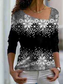 Clearance Women's T shirt Long Sleeve Floral Graphic Plants Vintage Stylish Basic Long Sleeve V Neck Off Shoulder Regular Tops Weekend Print Asymmetrical Spring, Fall, Winter, Prefall Women T-Shirts