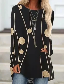 Best Women's T shirt Long Sleeve Tee Tunic Black White Yellow Graphic Floral Print Long Sleeve Casual Weekend Tunic Vintage Round Neck Long Regular Fit Abstract Painting Plus Size L Prefall Women Tunic Tops