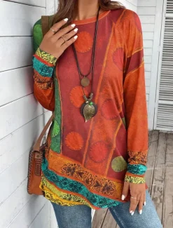 Hot Women's T shirt Long Sleeve Vintage Ethnic Casual Print Long Sleeve Long Tops Crew Neck Daily Red Purple Green Fall Winter Prefall Women Spring Tops|Boho Tops