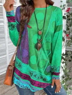 Hot Women's T shirt Long Sleeve Vintage Ethnic Casual Print Long Sleeve Long Tops Crew Neck Daily Red Purple Green Fall Winter Prefall Women Spring Tops|Boho Tops