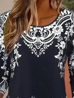 New Women's T shirt Long Sleeve Crew Neck Long Sleeve Tunic Floral Graphic Casual Regular Tops Daily Print White / Black Black Blue Orange Brown Spring Fall Prefall Women Boho Tops