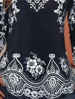New Women's T shirt Long Sleeve Crew Neck Long Sleeve Tunic Floral Graphic Casual Regular Tops Daily Print White / Black Black Blue Orange Brown Spring Fall Prefall Women Boho Tops