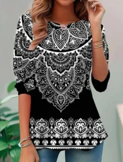 New Women's T shirt Long Sleeve Crew Neck Long Sleeve Tunic Floral Graphic Casual Regular Tops Daily Print White / Black Black Blue Orange Brown Spring Fall Prefall Women Boho Tops