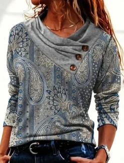 Discount Women's T shirt Long Sleeve Graphic Geometric Plants Basic Long Sleeve Pile Neck V Neck Regular Tops Daily Sports Weekend Buttons Print Green Gray Spring Fall Winter Prefall Women Women's Tops