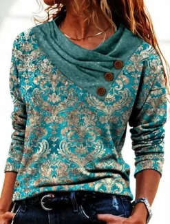 Discount Women's T shirt Long Sleeve Graphic Geometric Plants Basic Long Sleeve Pile Neck V Neck Regular Tops Daily Sports Weekend Buttons Print Green Gray Spring Fall Winter Prefall Women Women's Tops