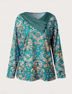 Discount Women's T shirt Long Sleeve Graphic Geometric Plants Basic Long Sleeve Pile Neck V Neck Regular Tops Daily Sports Weekend Buttons Print Green Gray Spring Fall Winter Prefall Women Women's Tops