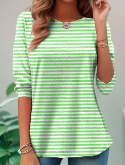 Women's T shirt Long Sleeve Crew Neck Long Sleeve Tunic Graphic Striped Elegant Vintage Regular Tops Daily Going out Weekend Print Pink Blue Purple Orange Green Prefall Women T-Shirts