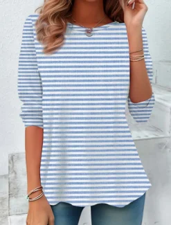 Women's T shirt Long Sleeve Crew Neck Long Sleeve Tunic Graphic Striped Elegant Vintage Regular Tops Daily Going out Weekend Print Pink Blue Purple Orange Green Prefall Women T-Shirts
