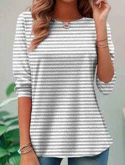 Women's T shirt Long Sleeve Crew Neck Long Sleeve Tunic Graphic Striped Elegant Vintage Regular Tops Daily Going out Weekend Print Pink Blue Purple Orange Green Prefall Women T-Shirts