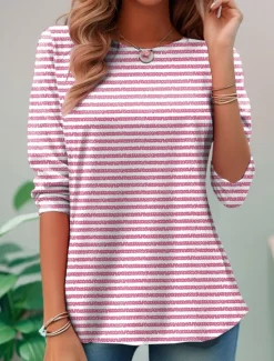 Women's T shirt Long Sleeve Crew Neck Long Sleeve Tunic Graphic Striped Elegant Vintage Regular Tops Daily Going out Weekend Print Pink Blue Purple Orange Green Prefall Women T-Shirts
