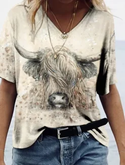 Women's T shirt Long Sleeve V Neck Long Sleeve Tunic Vintage Ethnic Cow Patchwork Print Short Sleeve Regular Tops Home Casual Daily Prefall Women T-Shirts
