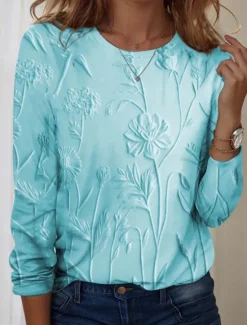 Best Women's T shirt Long Sleeve Crew Neck Long Sleeve Tunic 3D Print Floral Casual Round Neck Regular Tops Weekend Print Pearl Pink Blue Purple Green Fall Winter Prefall Women Spring Tops|Boho Tops