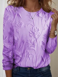 Best Women's T shirt Long Sleeve Crew Neck Long Sleeve Tunic 3D Print Floral Casual Round Neck Regular Tops Weekend Print Pearl Pink Blue Purple Green Fall Winter Prefall Women Spring Tops|Boho Tops