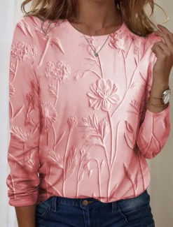 Best Women's T shirt Long Sleeve Crew Neck Long Sleeve Tunic 3D Print Floral Casual Round Neck Regular Tops Weekend Print Pearl Pink Blue Purple Green Fall Winter Prefall Women Spring Tops|Boho Tops