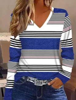 Best Women's T shirt Long Sleeve Graphic Geometric Striped Vintage Stylish Classic Long Sleeve V Neck Regular Tops Daily Print Royal Blue Sky Blue Spring Fall Winter Prefall Women T-Shirts