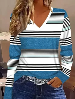 Best Women's T shirt Long Sleeve Graphic Geometric Striped Vintage Stylish Classic Long Sleeve V Neck Regular Tops Daily Print Royal Blue Sky Blue Spring Fall Winter Prefall Women T-Shirts