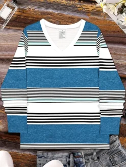 Best Women's T shirt Long Sleeve Graphic Geometric Striped Vintage Stylish Classic Long Sleeve V Neck Regular Tops Daily Print Royal Blue Sky Blue Spring Fall Winter Prefall Women T-Shirts