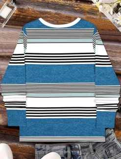 Best Women's T shirt Long Sleeve Graphic Geometric Striped Vintage Stylish Classic Long Sleeve V Neck Regular Tops Daily Print Royal Blue Sky Blue Spring Fall Winter Prefall Women T-Shirts