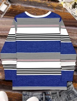 Best Women's T shirt Long Sleeve Graphic Geometric Striped Vintage Stylish Classic Long Sleeve V Neck Regular Tops Daily Print Royal Blue Sky Blue Spring Fall Winter Prefall Women T-Shirts