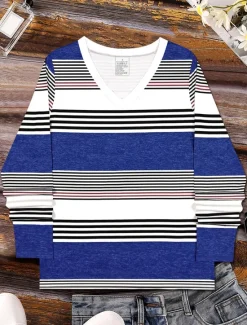Best Women's T shirt Long Sleeve Graphic Geometric Striped Vintage Stylish Classic Long Sleeve V Neck Regular Tops Daily Print Royal Blue Sky Blue Spring Fall Winter Prefall Women T-Shirts
