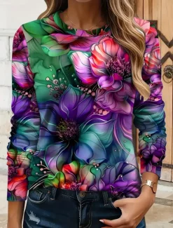 Sale Women's T shirt Long Sleeve Crew Neck Long Sleeve Tunic Floral Graphic Plants Vintage Stylish Classic Round Neck Regular Tops Daily Print Yellow Red Blue Purple Green Fall Prefall Women T-Shirts