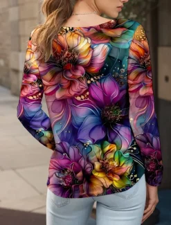 Sale Women's T shirt Long Sleeve Crew Neck Long Sleeve Tunic Floral Graphic Plants Vintage Stylish Classic Round Neck Regular Tops Daily Print Yellow Red Blue Purple Green Fall Prefall Women T-Shirts