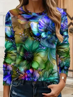 Sale Women's T shirt Long Sleeve Crew Neck Long Sleeve Tunic Floral Graphic Plants Vintage Stylish Classic Round Neck Regular Tops Daily Print Yellow Red Blue Purple Green Fall Prefall Women T-Shirts