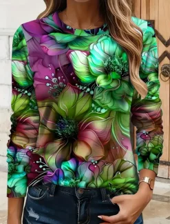 Sale Women's T shirt Long Sleeve Crew Neck Long Sleeve Tunic Floral Graphic Plants Vintage Stylish Classic Round Neck Regular Tops Daily Print Yellow Red Blue Purple Green Fall Prefall Women T-Shirts