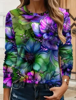 Sale Women's T shirt Long Sleeve Crew Neck Long Sleeve Tunic Floral Graphic Plants Vintage Stylish Classic Round Neck Regular Tops Daily Print Yellow Red Blue Purple Green Fall Prefall Women T-Shirts