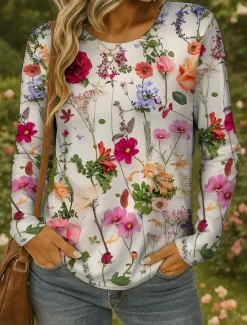 Hot Women's T shirt Long Sleeve Crew Neck Long Sleeve Tunic Floral Graphic Plants Vintage Stylish Classic Round Neck Regular Tops Daily Print Yellow Red Blue Purple Green Fall Prefall Women T-Shirts