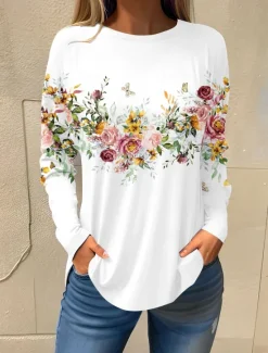 Online Women's T shirt Long Sleeve Basic Floral Print Long Sleeve Regular Tops Round Neck Holiday Weekend White Pink Red Navy Blue Blue Fall & Winter Prefall Women T-Shirts