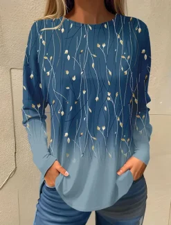 Online Women's T shirt Long Sleeve Basic Floral Print Long Sleeve Regular Tops Round Neck Holiday Weekend White Pink Red Navy Blue Blue Fall & Winter Prefall Women T-Shirts
