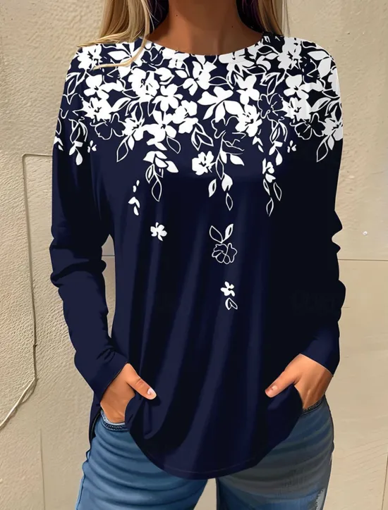 Online Women's T shirt Long Sleeve Basic Floral Print Long Sleeve Regular Tops Round Neck Holiday Weekend White Pink Red Navy Blue Blue Fall & Winter Prefall Women T-Shirts