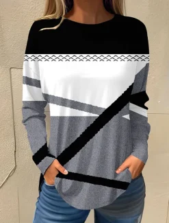 Online Women's T shirt Long Sleeve Basic Floral Print Long Sleeve Regular Tops Round Neck Holiday Weekend White Pink Red Navy Blue Blue Fall & Winter Prefall Women T-Shirts