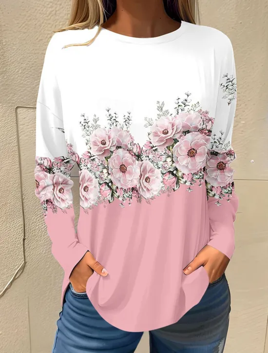 Online Women's T shirt Long Sleeve Basic Floral Print Long Sleeve Regular Tops Round Neck Holiday Weekend White Pink Red Navy Blue Blue Fall & Winter Prefall Women T-Shirts