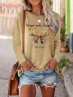 Clearance Women's T shirt Long Sleeve Tee Black Pink Blue Butterfly Letter Print Long Sleeve Casual Hawaiian Round Neck Long Loose Fit Butterfly S Prefall Women T-Shirts