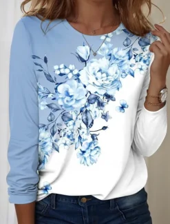 Best Women's T shirt Long Sleeve Crew Neck Long Sleeve Tunic Floral Graphic Casual Regular Tops Daily Print Spring Fall Prefall Women Spring Tops