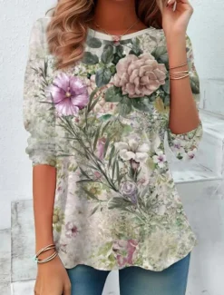 Outlet Women's T shirt Long Sleeve Crew Neck Long Sleeve Tunic Floral Elegant Vintage Casual Regular Tops Daily Print Spring Fall Prefall Women Spring Tops