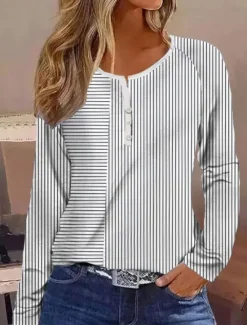 New Women's T shirt Long Sleeve Striped Daily Casual Long Sleeve V Neck Regular Tops Daily Holiday Buttons Pink Red Gray Spring Fall Winter Prefall Women Boho Tops
