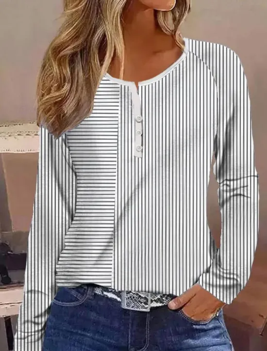 New Women's T shirt Long Sleeve Striped Daily Casual Long Sleeve V Neck Regular Tops Daily Holiday Buttons Pink Red Gray Spring Fall Winter Prefall Women Boho Tops