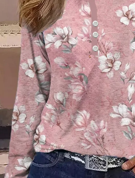 New Women's T shirt Long Sleeve Striped Daily Casual Long Sleeve V Neck Regular Tops Daily Holiday Buttons Pink Red Gray Spring Fall Winter Prefall Women Boho Tops