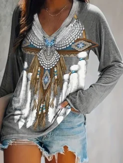 Sale Women's T shirt Long Sleeve V Neck Long Sleeve Graphic Casual Vintage Print Regular Tops Vacation Weekend Army Green Gray Spring Fall Prefall Women T-Shirts|Boho Tops