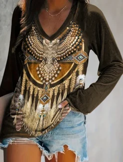 Sale Women's T shirt Long Sleeve V Neck Long Sleeve Graphic Casual Vintage Print Regular Tops Vacation Weekend Army Green Gray Spring Fall Prefall Women T-Shirts|Boho Tops