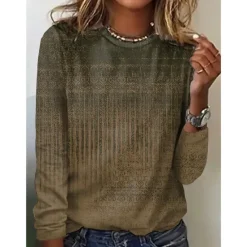Women's T shirt Long Sleeve Crew Neck Long Sleeve Tunic Graphic Basic Round Neck Regular Tops Daily Weekend Print Red Blue Green Khaki Gray Fall & Winter Prefall Women Boho Tops