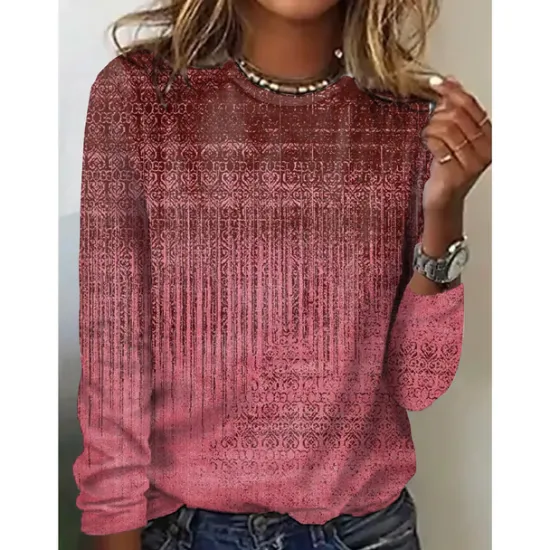 Women's T shirt Long Sleeve Crew Neck Long Sleeve Tunic Graphic Basic Round Neck Regular Tops Daily Weekend Print Red Blue Green Khaki Gray Fall & Winter Prefall Women Boho Tops